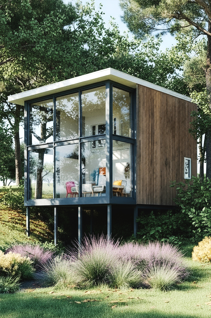 Modern small house with large glass windows elevated on stilts surrounded by green trees and ornamental grasses.