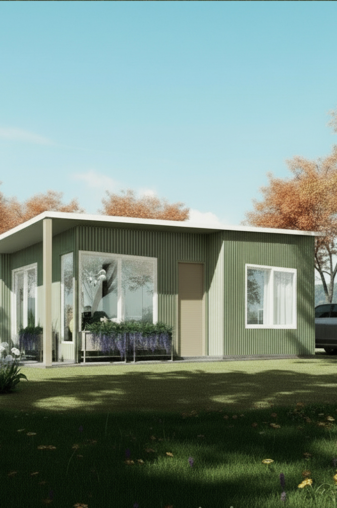Modern small green house with large glass windows, a beige door, and surrounding trees under a clear blue sky.