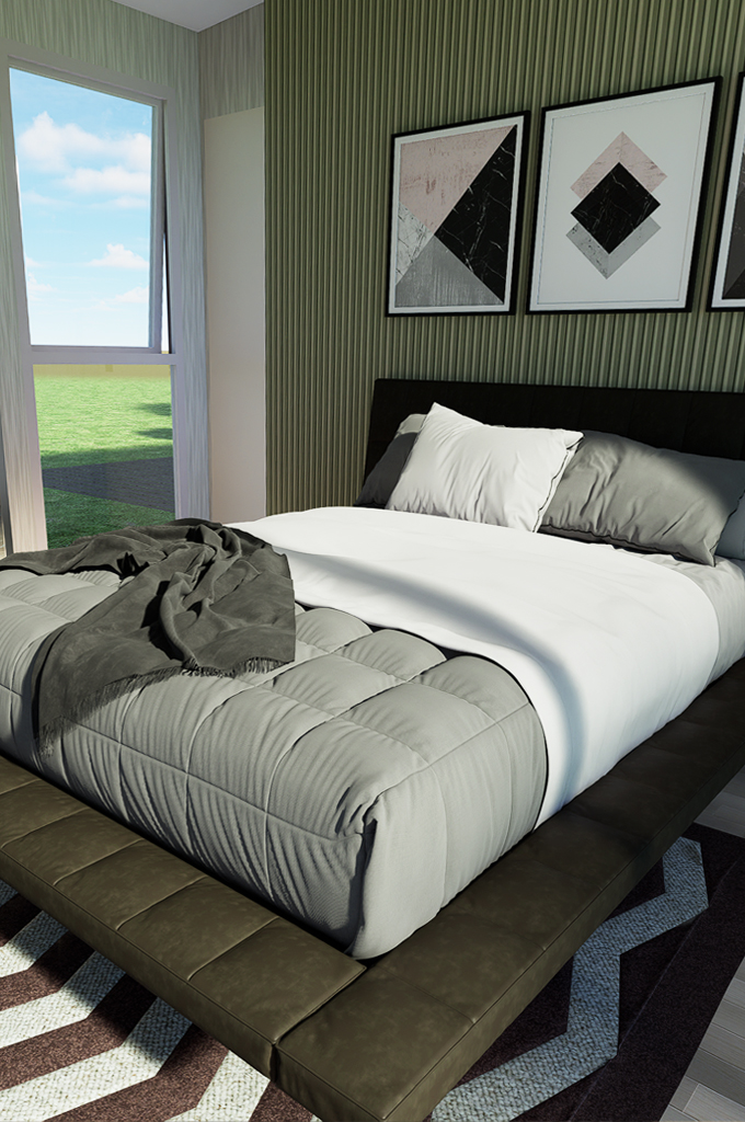 Modern bedroom with a neatly made bed featuring gray and white bedding, abstract geometric wall art above the black headboard, and a large window showing green grass outside.