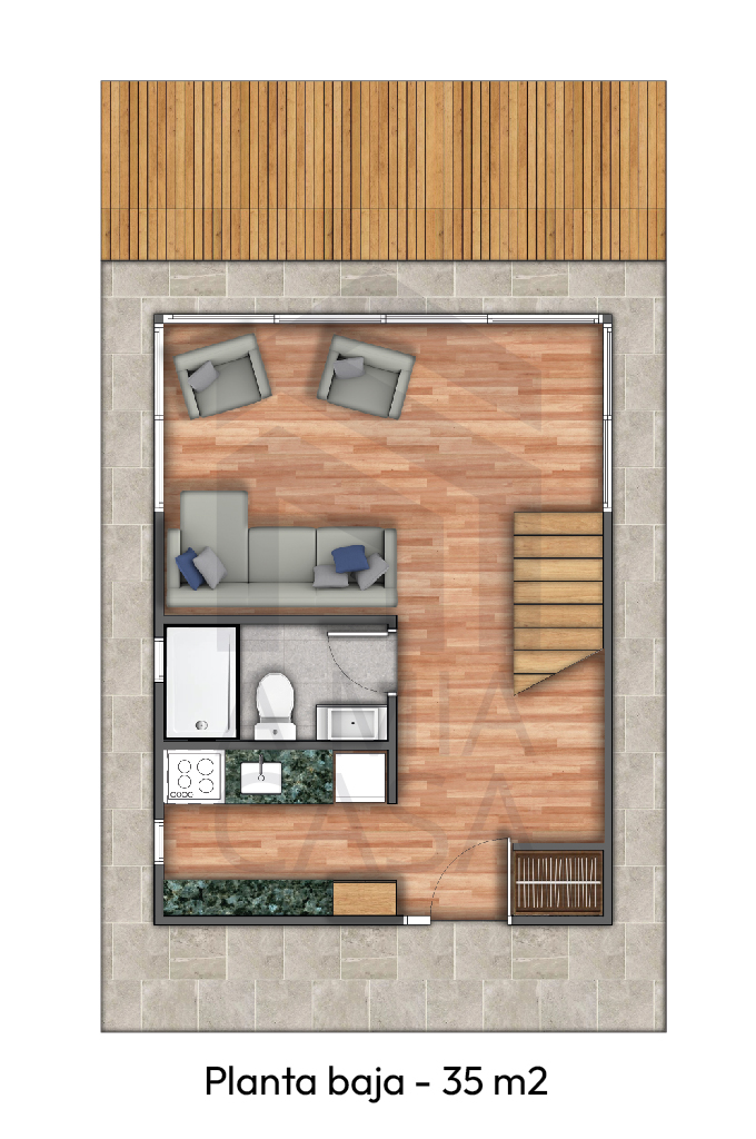 Floor plan of a 35 square meter ground floor featuring a living area with sofa and two armchairs, a bathroom with bathtub and toilet, a kitchen with stove and sink, and a staircase.