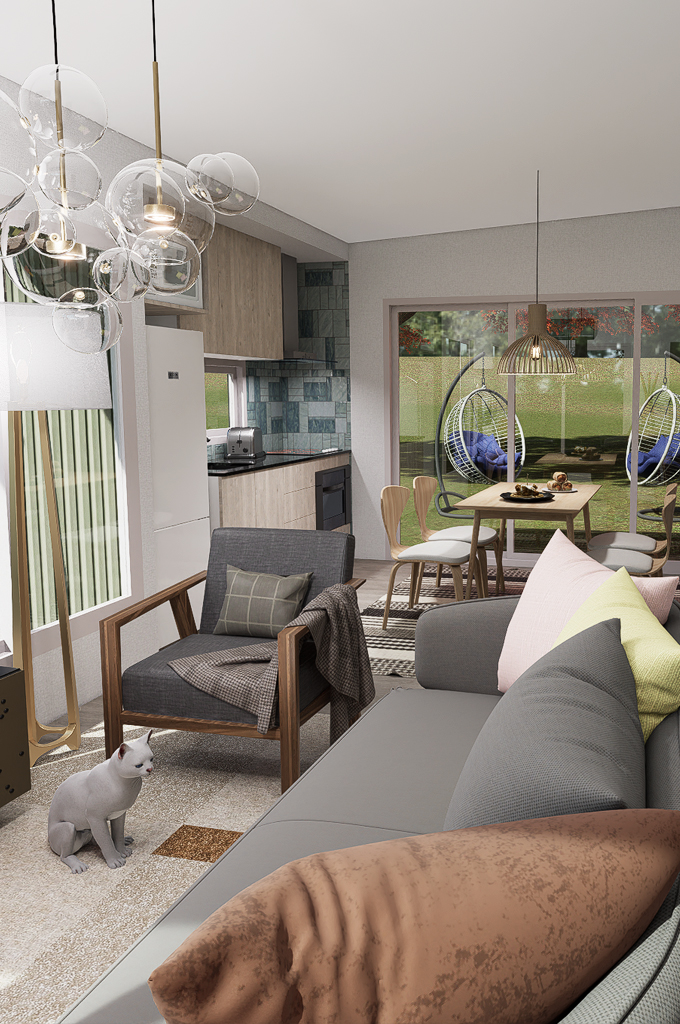 Modern living room and kitchen with gray sofa, armchair, hanging bubble light fixture, dining table with chairs, and a white cat on the carpet.