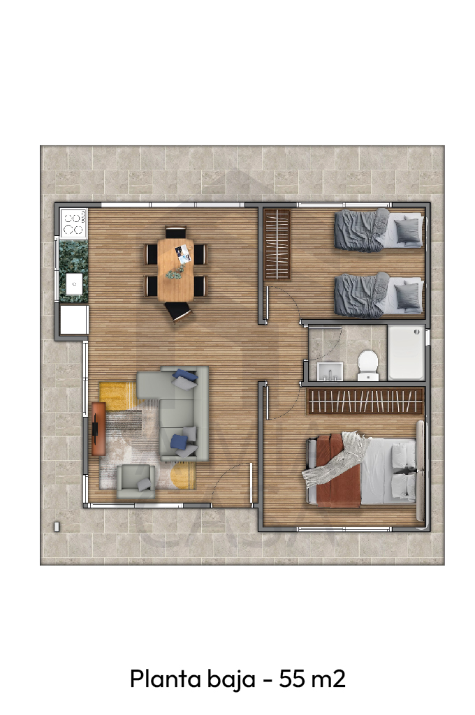 Floor plan of a 55 square meter house with two bedrooms, one bathroom, living room, dining area, and kitchen.
