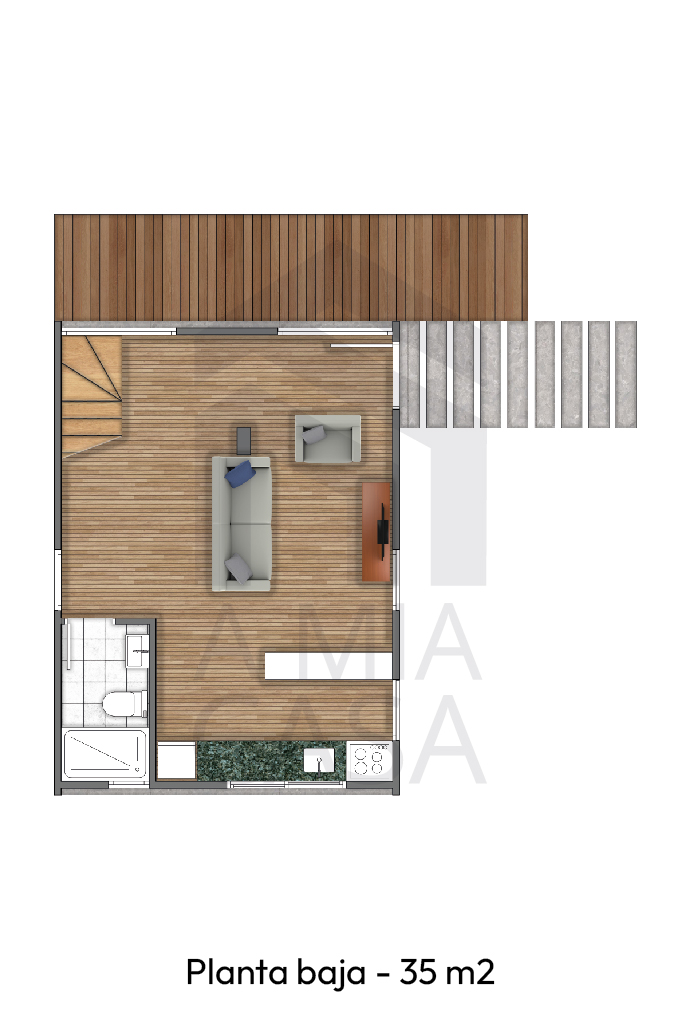 Top-down floor plan of a 35 square meter ground floor with wooden flooring, including a living area with sofa and armchair, a kitchen, and a bathroom.