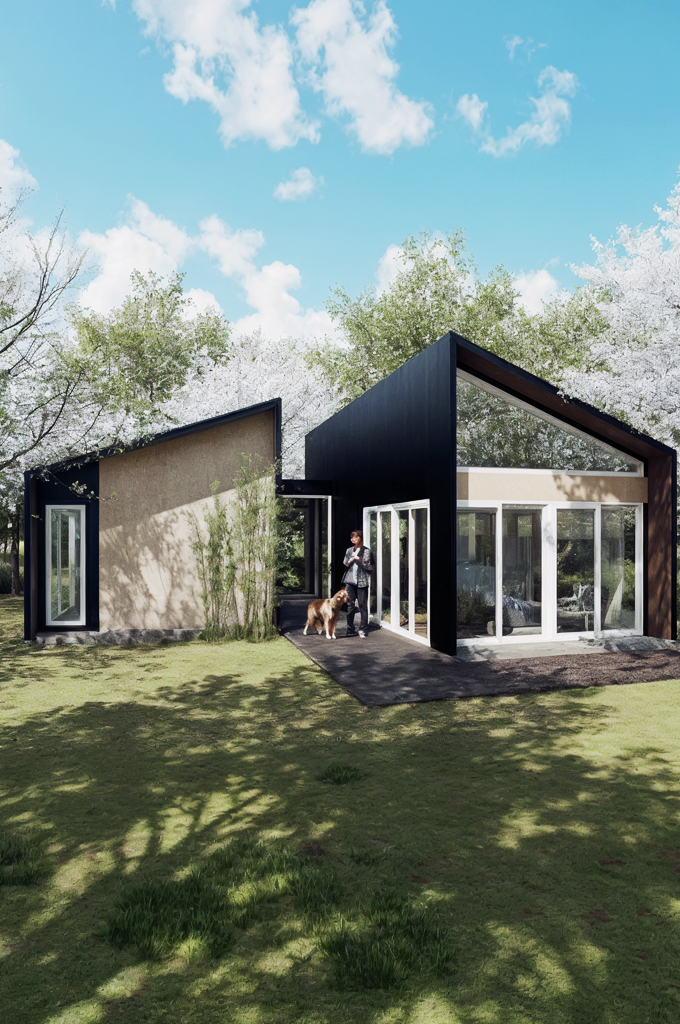 Modern black and beige house with large glass windows, surrounded by green trees and a person standing with a dog on the pathway.
