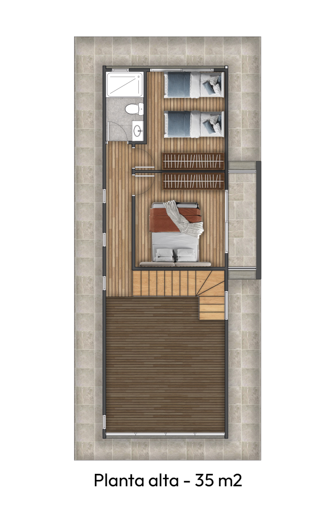 Floor plan of upper level 35 square meters featuring two bedrooms, one bathroom, stairs, and a wooden deck area.