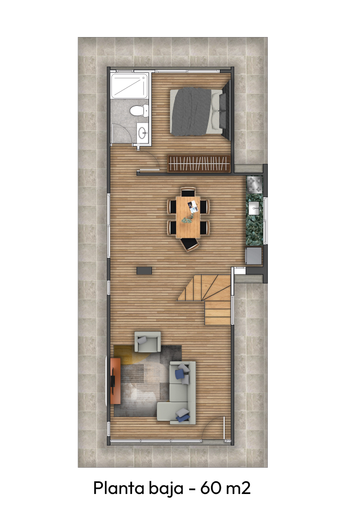 Floor plan of a 60 square meter ground floor with living room, kitchen, dining area, bedroom, and bathroom.