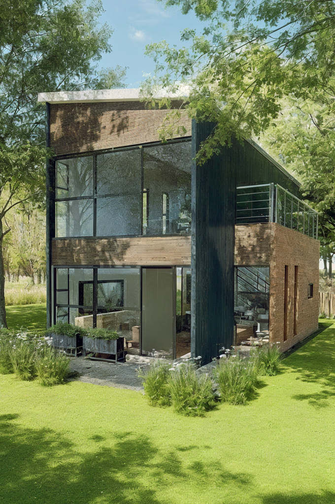 Modern two-story house with large glass windows, wooden and dark panel exterior, surrounded by green trees and lawn.