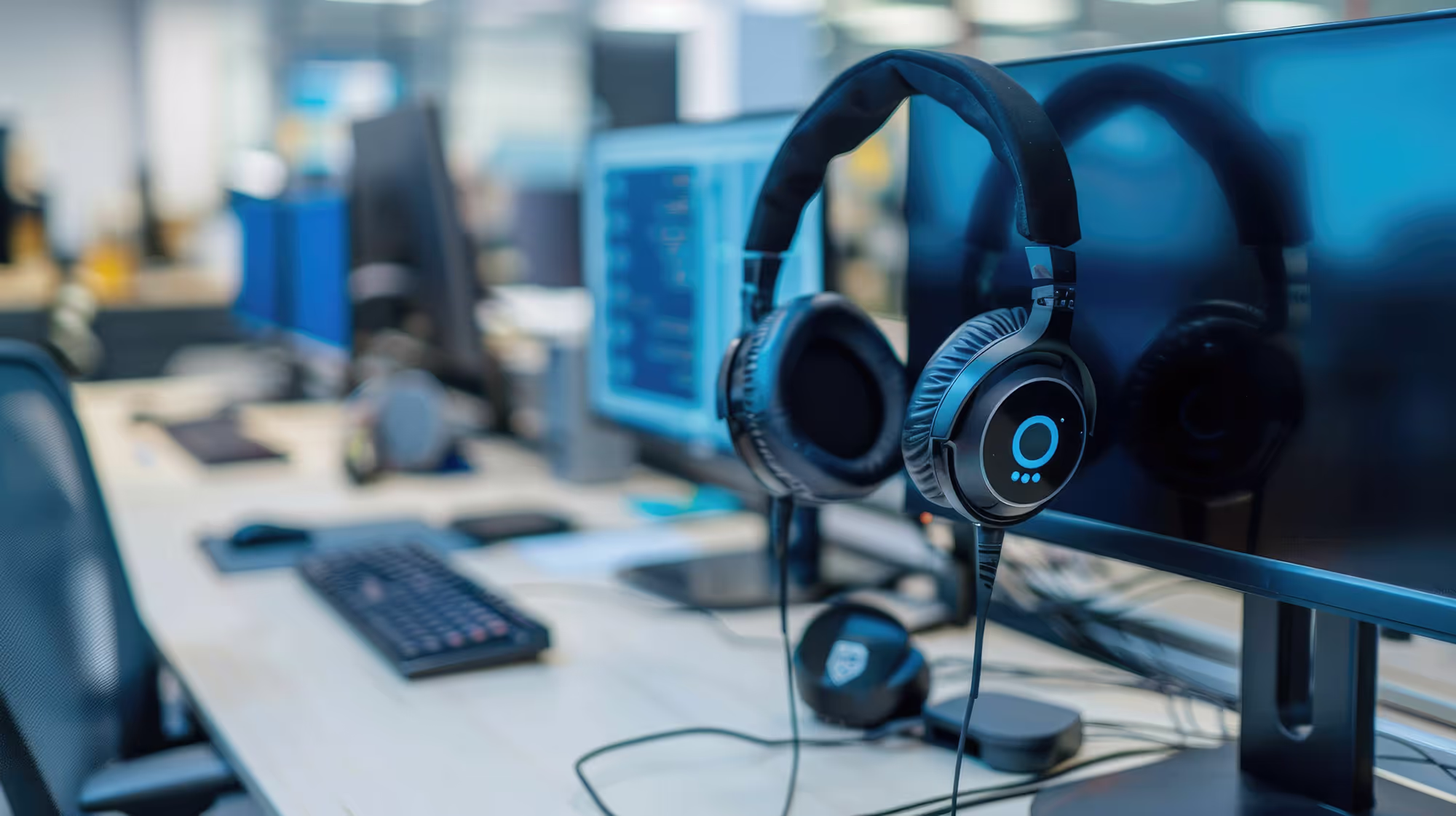 a pair of black over-ear headphones hanging on the edge of a computer monitor in a modern office setting.