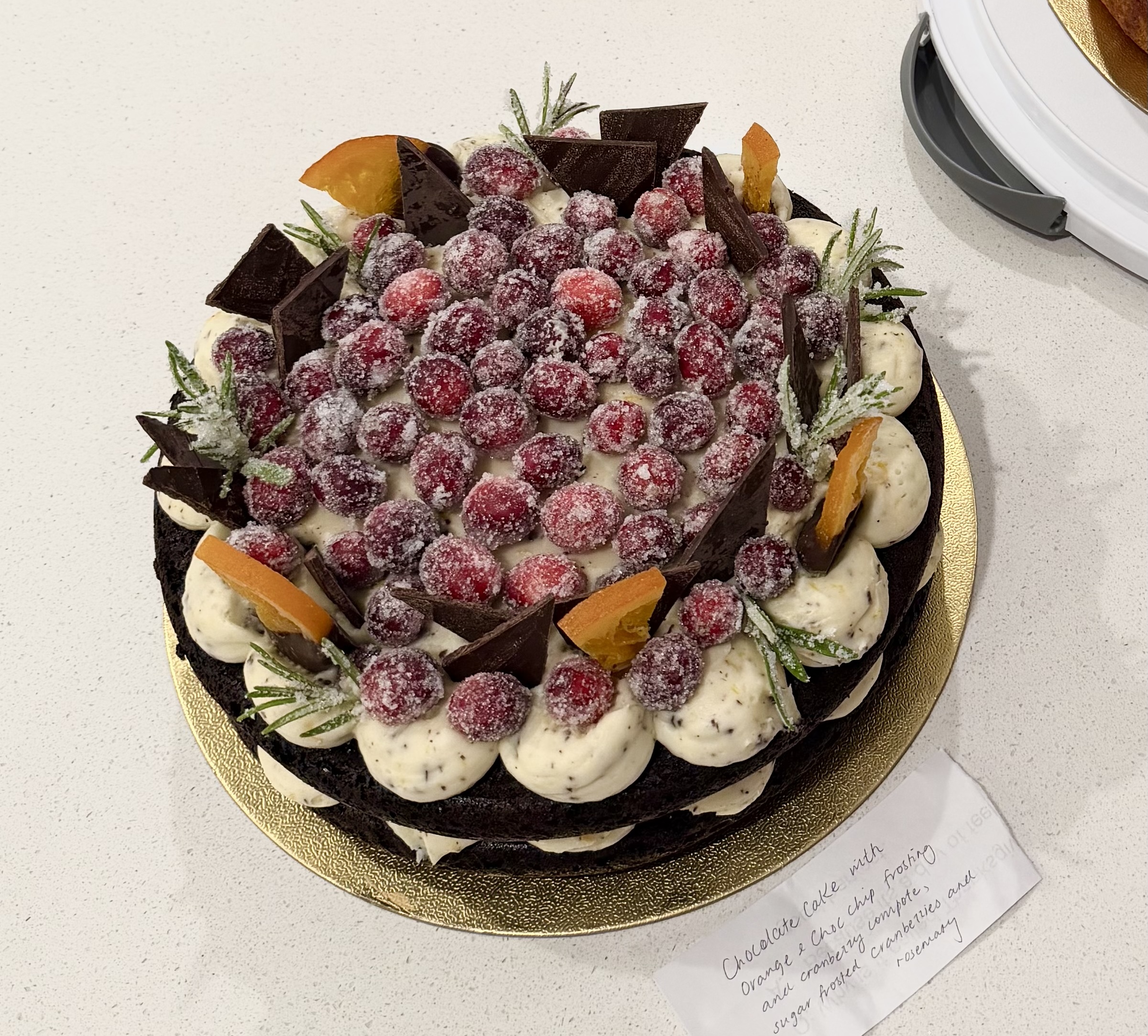 Christmas Chocolate Cake with Orange & Choc Chip Frosting and Cranberry Compote