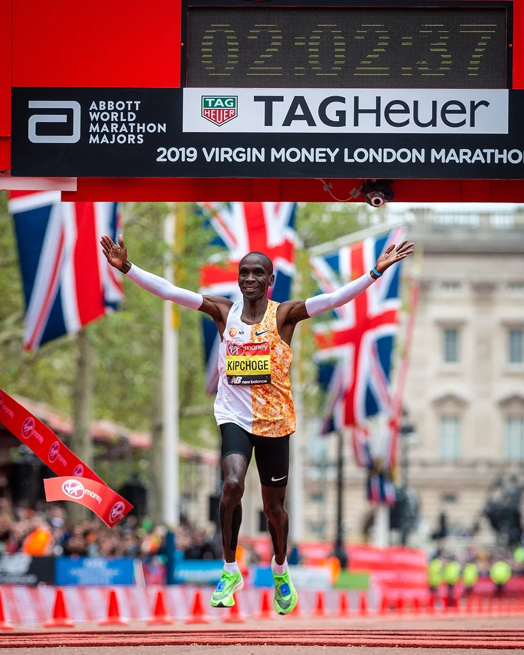 Eliud Kipchoge is shown winning the 2019 London Marathon.