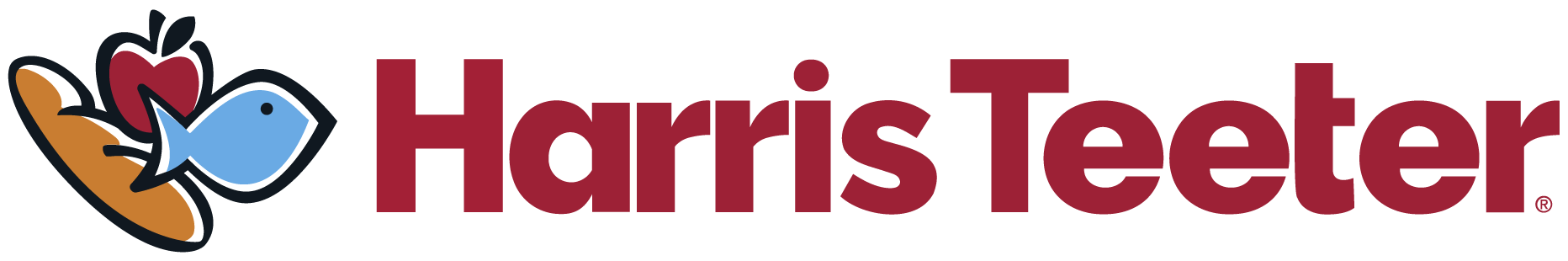 Harris Teeter logo featuring an apple, a loaf of bread, and a fish icon to the left of the company name in bold maroon text.