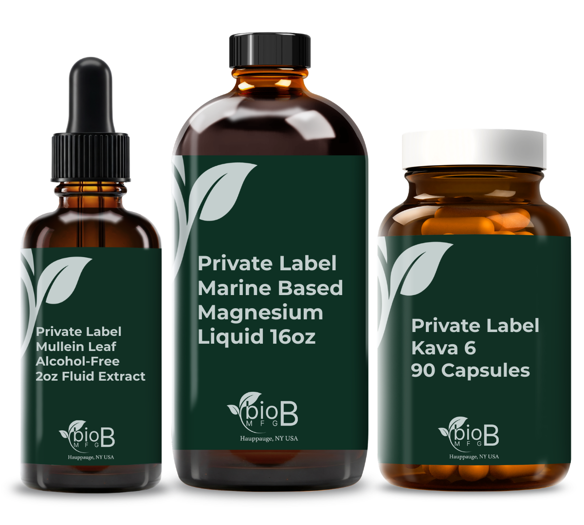 Three private label supplement products in BioB Manufacturing packaging