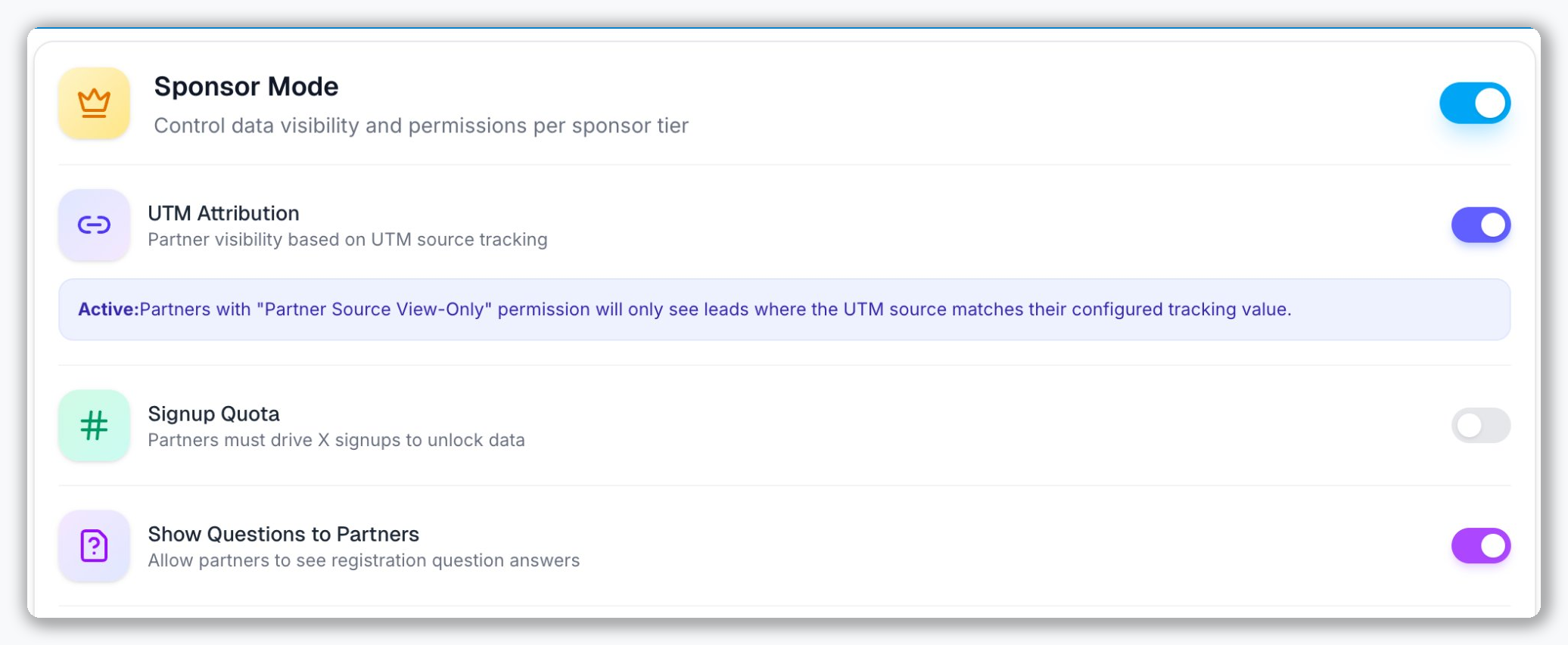 heyBTW Sponsor Mode control panel showing toggles for UTM Attribution, Signup Quota, and Show Questions to Partners