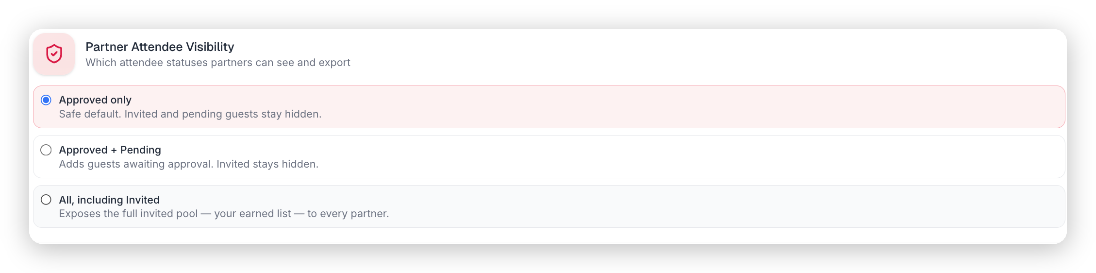 heyBTW Partner Attendee Visibility control set to Approved only, keeping invited and pending guests hidden from partners