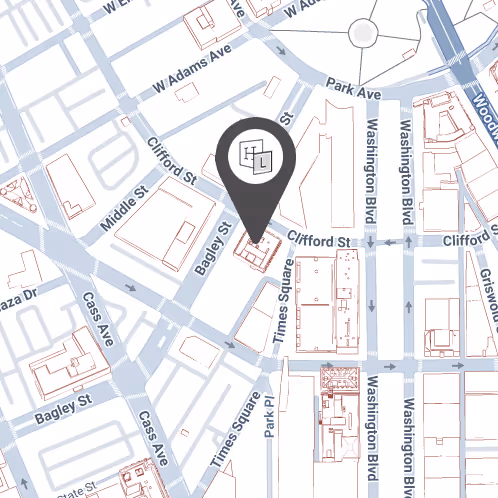 Map zoomed in on an urban area showing streets including Bagley St, Clifford St, Washington Blvd, and Times Square in Downtown Detroit