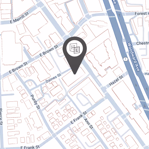 Map showing a location pin of Forefront luxury apartments in Birmingham, Michigan