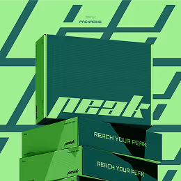 Stacked green boxes with the text 'REACH YOUR PEAK' and 'Peak' logo on a bright green background with geometric lines.