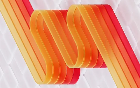 Abstract 3D design featuring intertwined orange and red ribbon-like shapes on a white textured background.