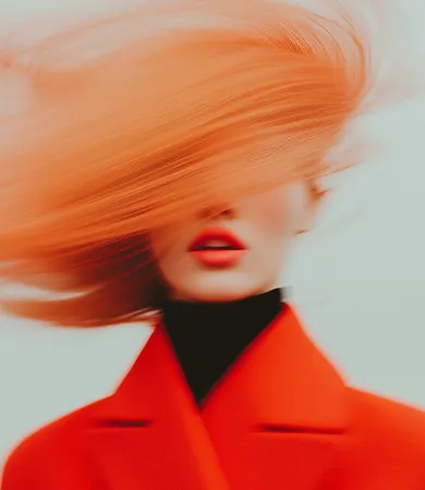Portrait of a person wearing a red coat with flowing orange hair partially obscuring their face.