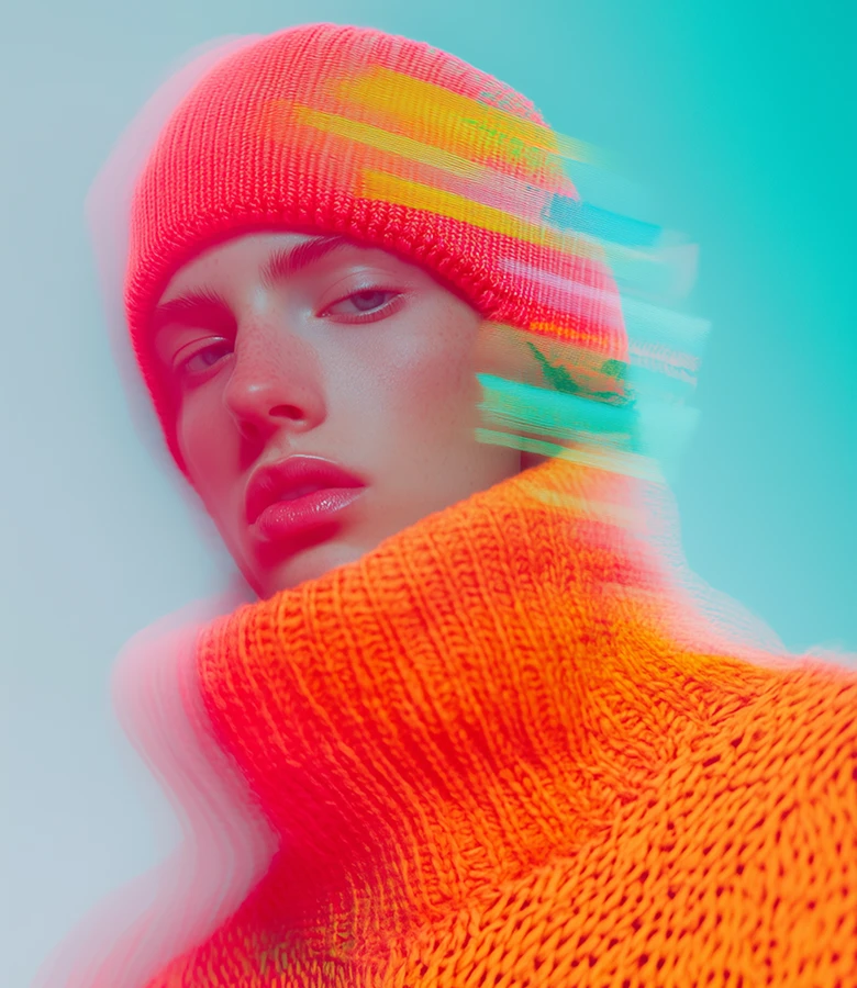 Close-up portrait of a person wearing a bright orange knit hat and a high-neck sweater with a colorful motion blur effect.
