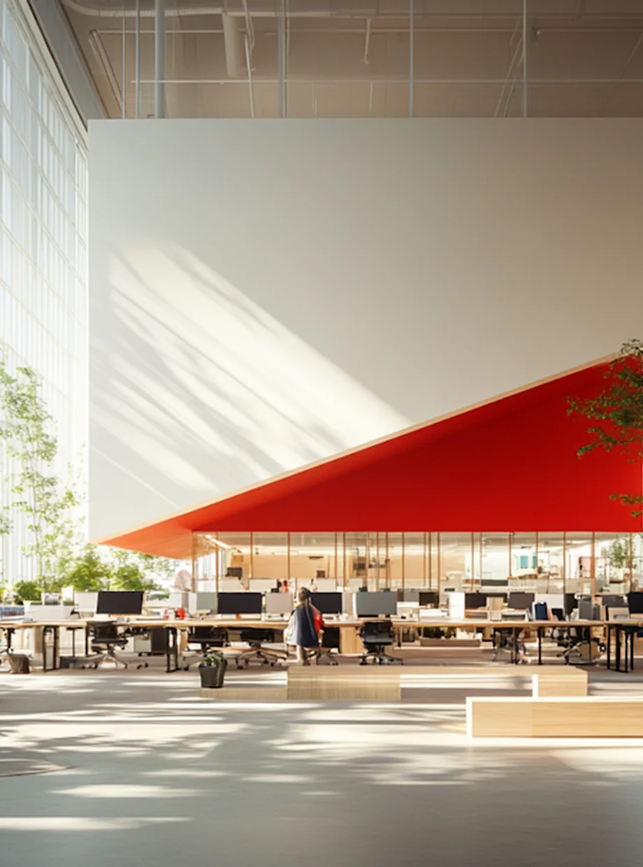 Bright modern open-plan office with a large red triangular ceiling feature and rows of desks with computers.