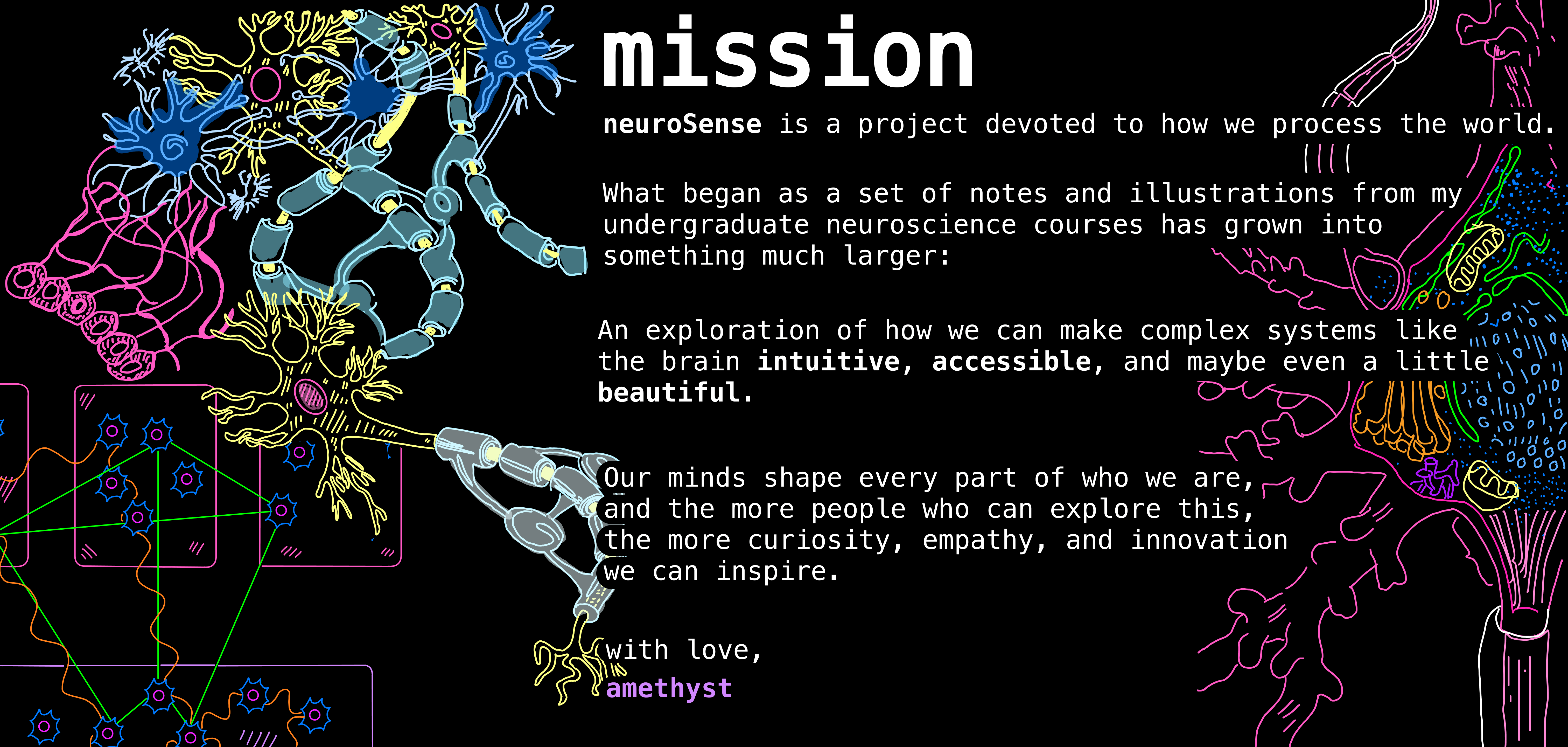 neuroSense is a project devoted to how we process the world. These notes and illustrations were developed during my undergraduate neuroscience courses at Dartmouth College. I’m sharing them freely because I believe neuroscience should be widely available, not locked behind classrooms or textbooks.   Our minds shape every part of who we are, and the more people who can explore this,  the more curiosity, empathy, and innovation we can inspire. with love, amethyst