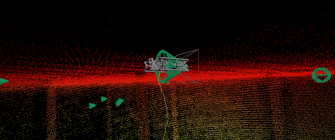 3D point cloud visualization with colored dots in red, yellow, and green forming geometric shapes and objects floating in a dark space.