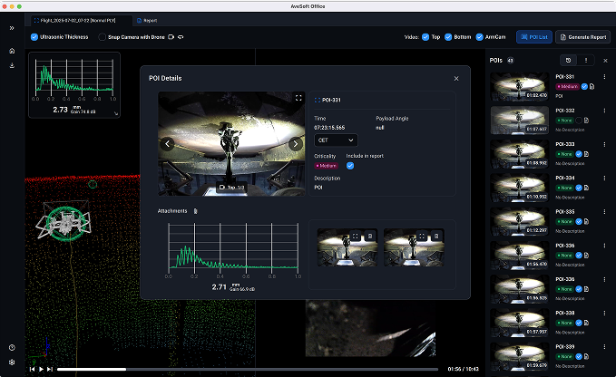 Software interface showing underwater drone inspection with ultrasound thickness graph, 3D sonar view, and POI details including underwater photos and measurements.