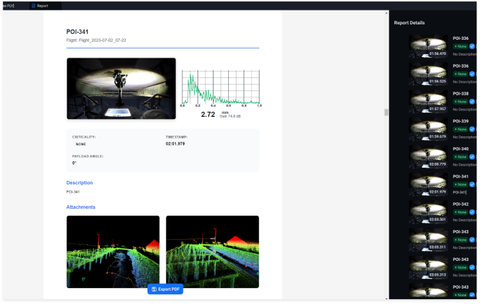 Screenshot of a report page titled POI-341 showing a flight timestamp, criticality status, payload angle, a central image of a robotic arm or machinery, a line graph with numerical data, and two colored 3D point cloud images at the bottom with an Export PDF button below them. On the right side, a vertical list of thumbnail images and timestamps serves as report details navigation.