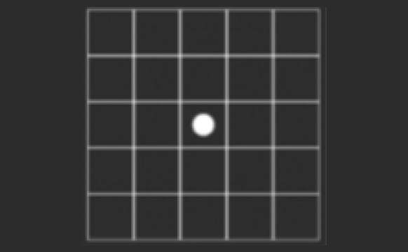 A five-by-five grid with a single white dot centered in the middle cell.