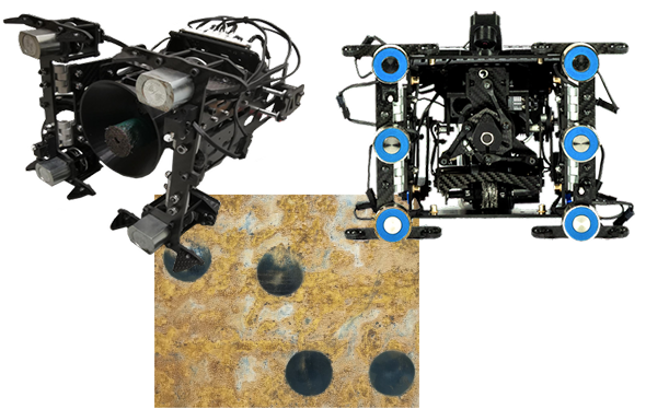 Two black robotic devices with multiple sensors and blue circular elements next to an image of a surface with four dark round spots on a yellow-brown textured background.