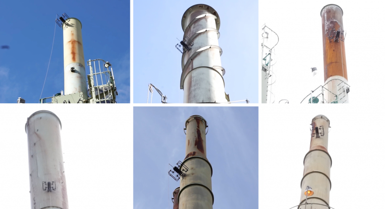 Six images of tall cylindrical industrial chimneys with rust stains and metal ladders against clear skies.
