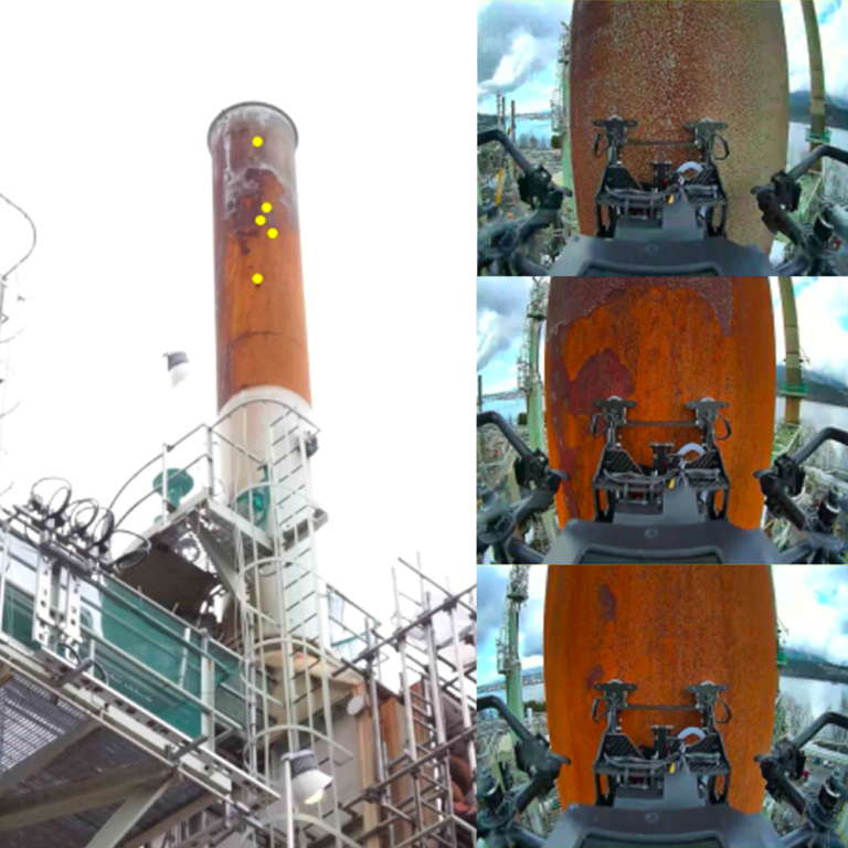 Side-by-side images showing the cleaning of a tall industrial chimney with visible rust; left image marks rust spots with yellow dots, right images show a robotic cleaning device progressively removing rust on the chimney surface.