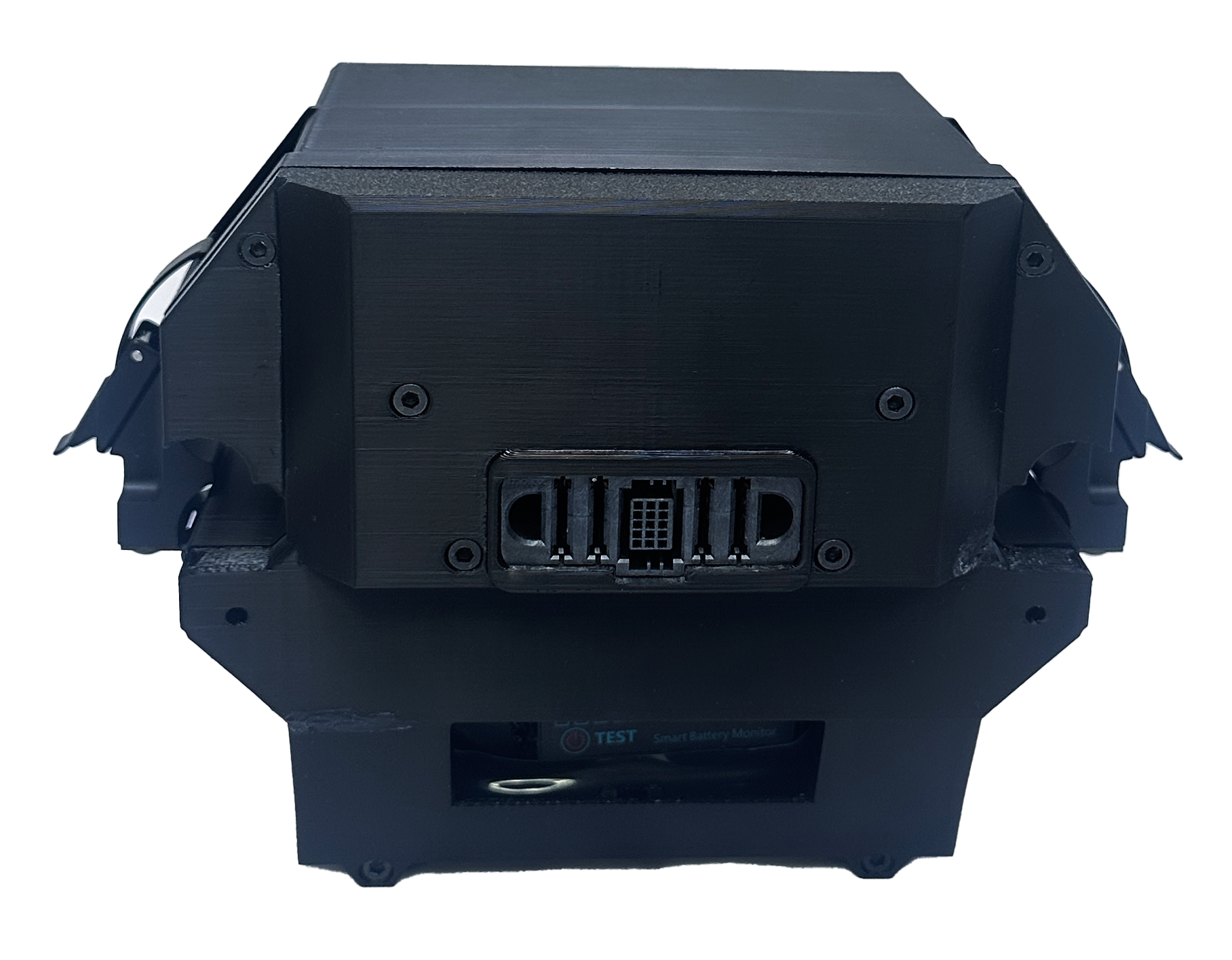 Black rectangular electronic device with a central connector port and visible screws on front panel.