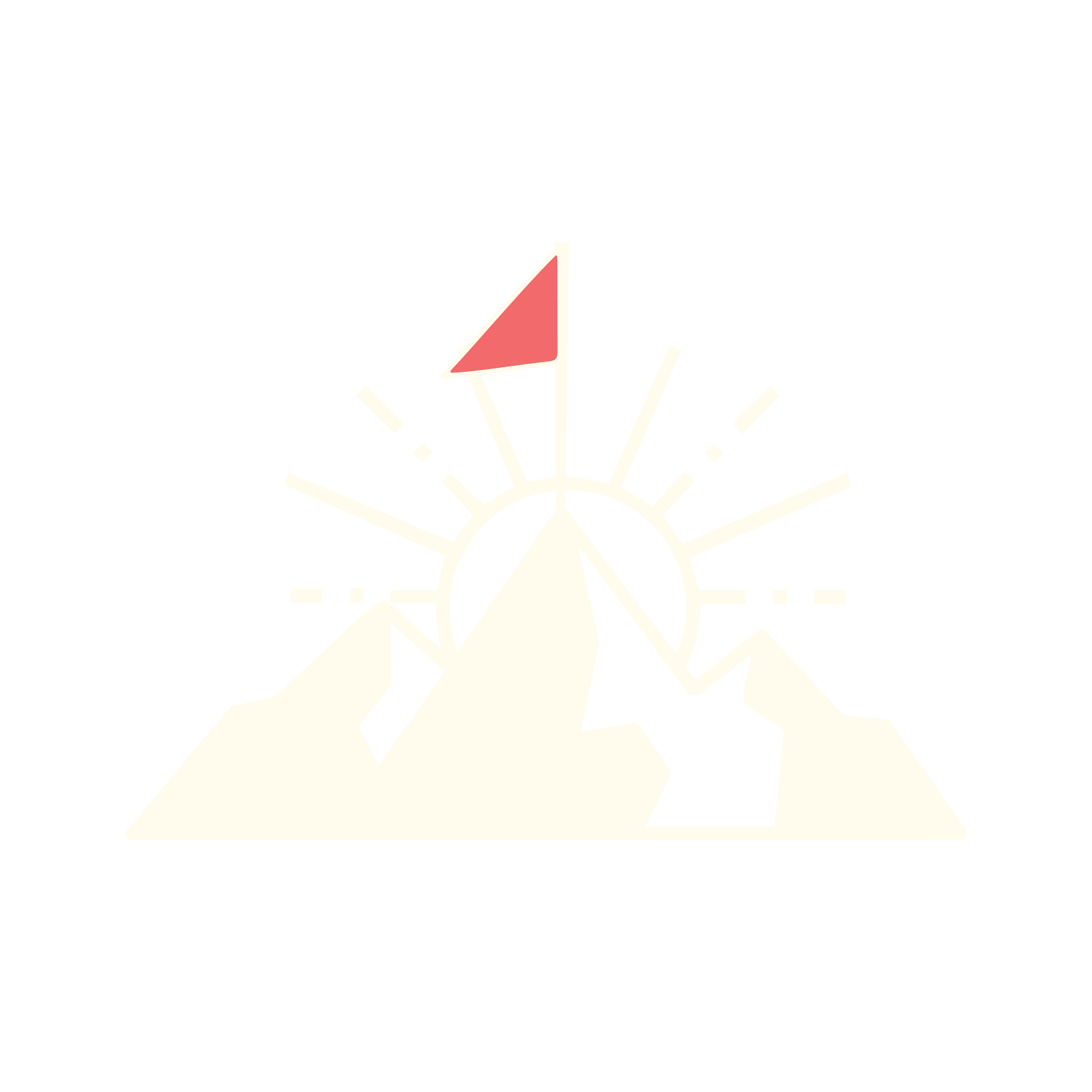 Stylized mountain range with a red flag on the tallest peak and sun rays behind it.