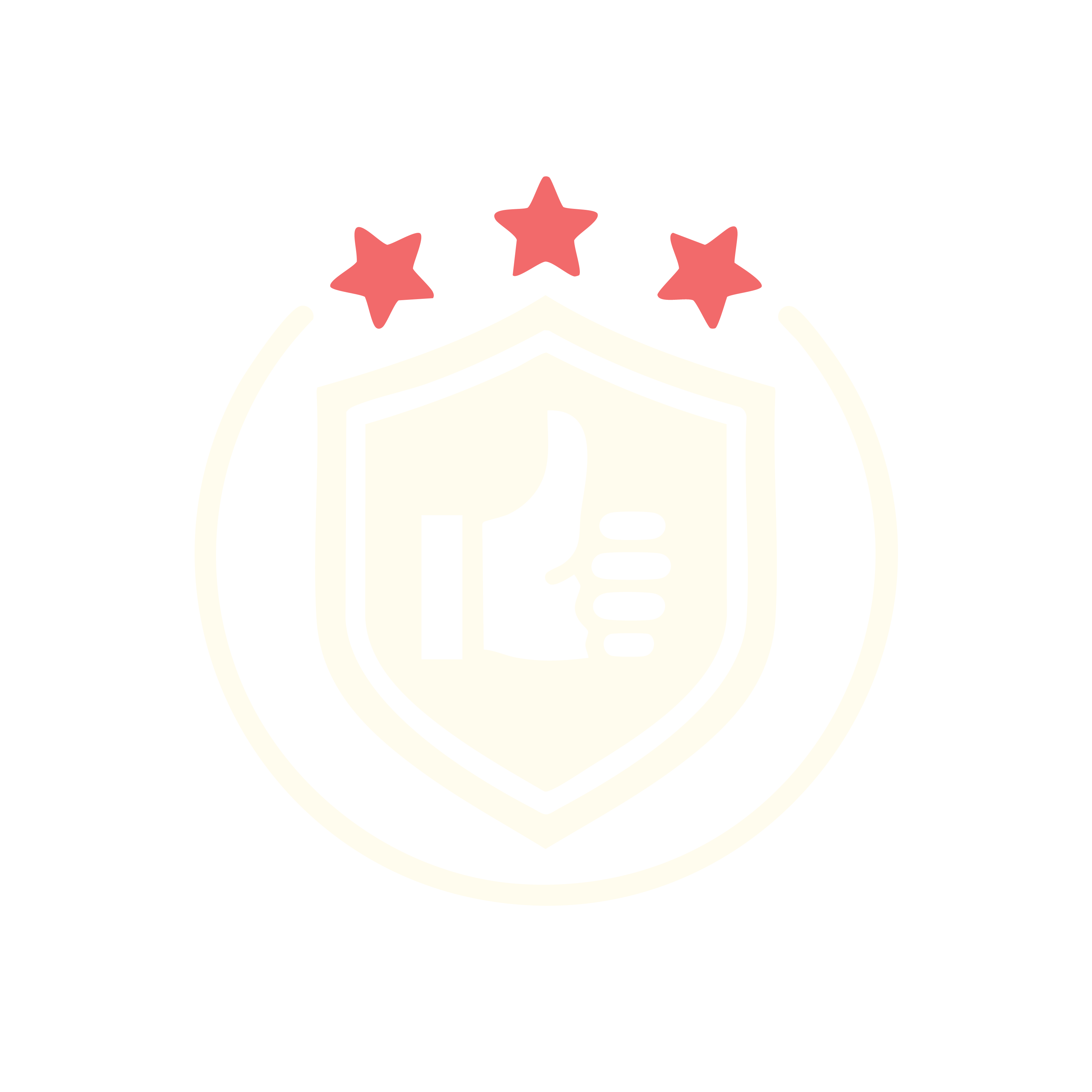 Shield emblem with a thumbs-up icon inside and three red stars above it, surrounded by a circular border.