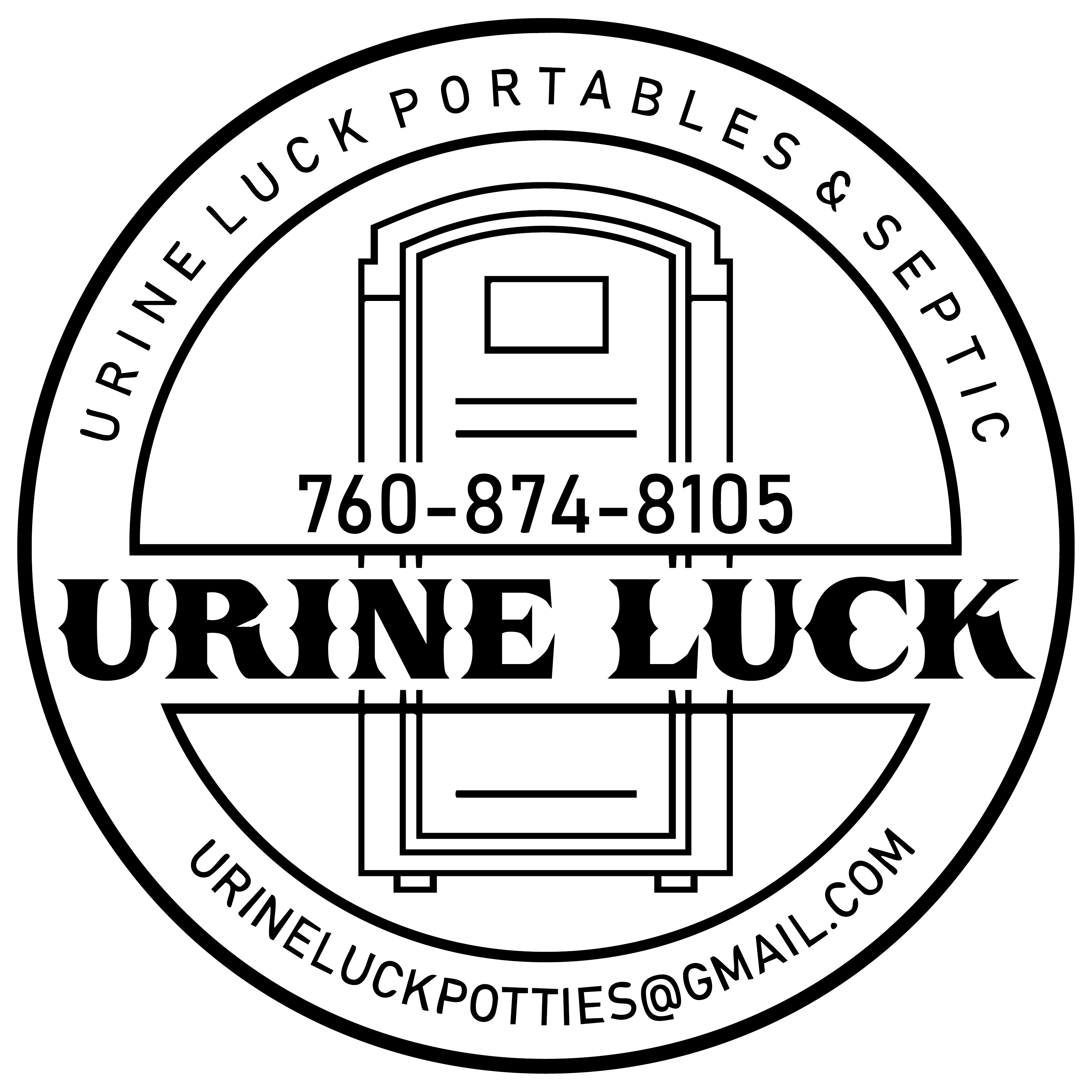 Circular logo featuring a portable toilet illustration with text 'URINE LUCK' across the center, phone number 760-874-8105 above it, and 'URINE LUCK PORTABLES & SEPTIC' and 'URINELUCKPOTTIES@GMAIL.COM' around the edges.
