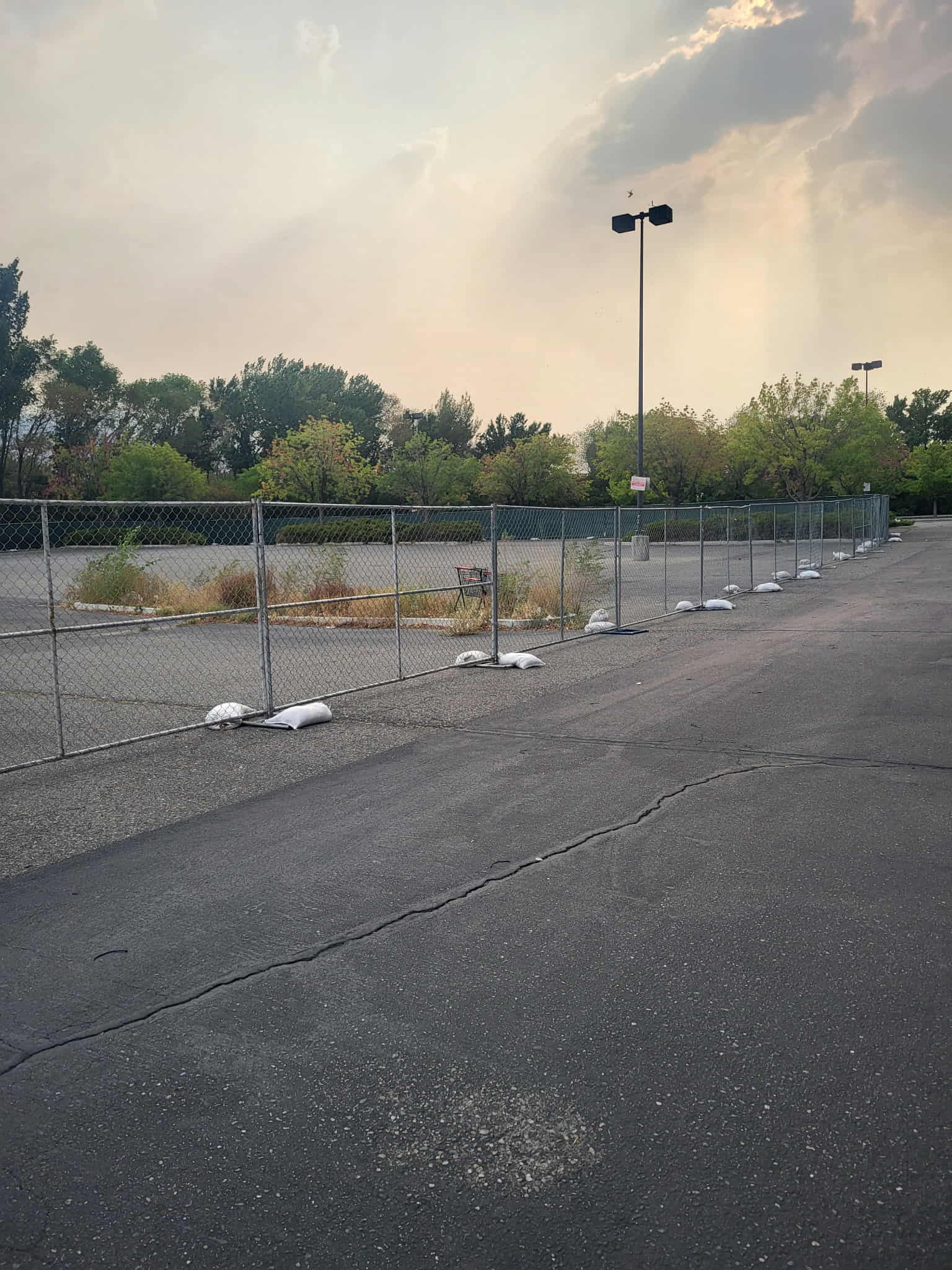 Chain-link fence dividing an empty, cracked parking lot with overgrown weeds and distant trees under a cloudy sky.