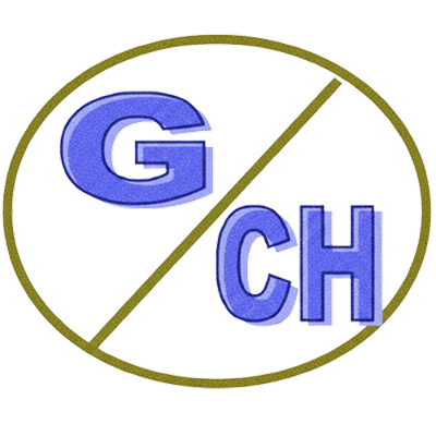 Logo with the letters G and CH separated by a diagonal line inside a gold oval border.