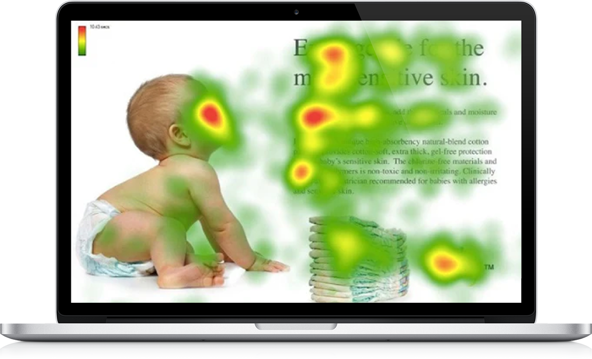 Heatmap over a webpage showing a baby in a diaper crawling on the left and text with stacked diapers on the right.