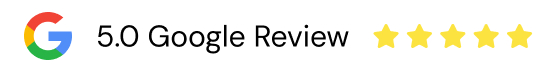Google logo with text 5.0 Google Review followed by five yellow stars.