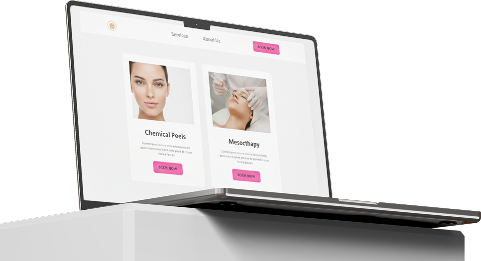 Laptop displaying a skincare service website featuring Chemical Peels and Mesotherapy with book now buttons.