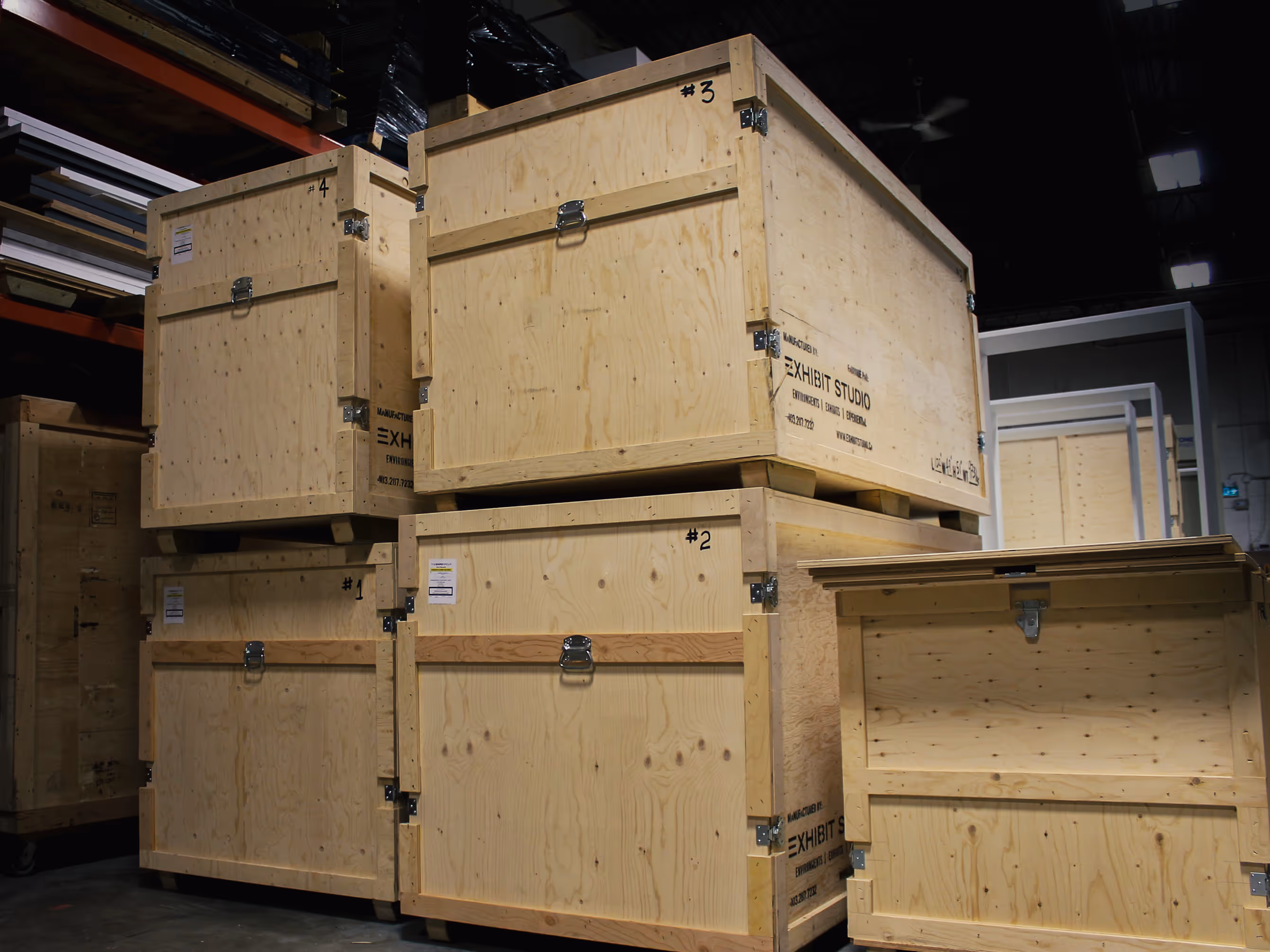 custom-built exhibit crates in a Calgary warehouse