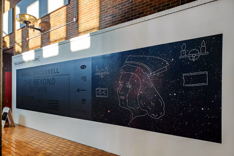 Temporary vinyl wall graphic mural for the Illingworth Kerr Gallery in Calgary, Alberta. The black decal showcases a temporary art gallery, sponsors, and samples of the artist's work.