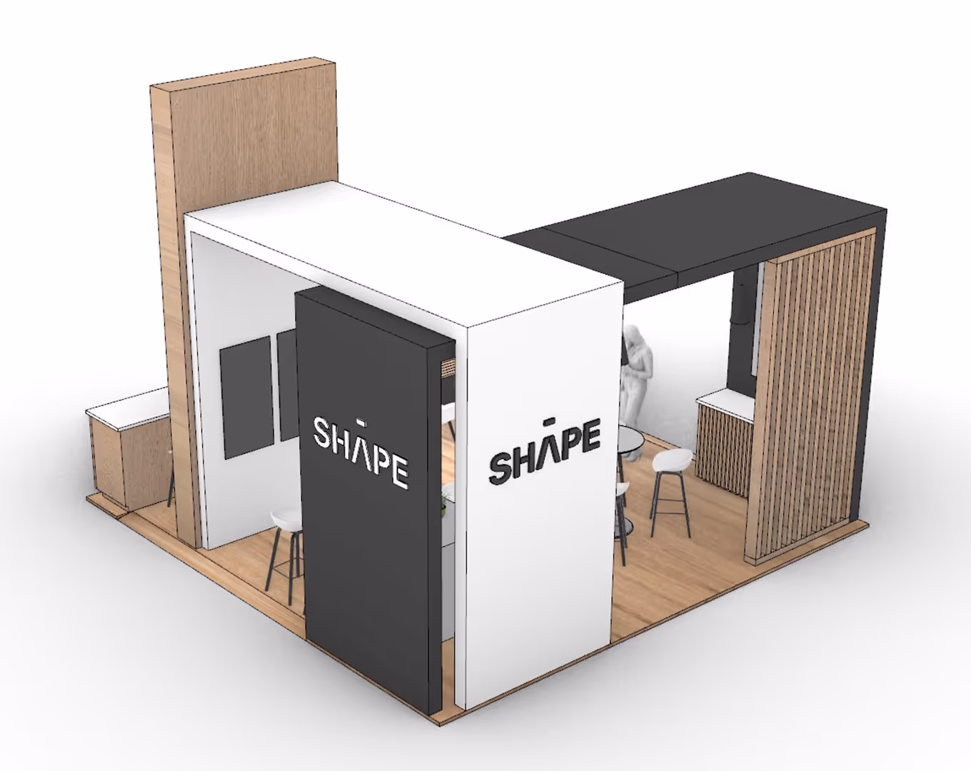 3D rendering of a custom 20x20 trade show exhibit with overhead canopies