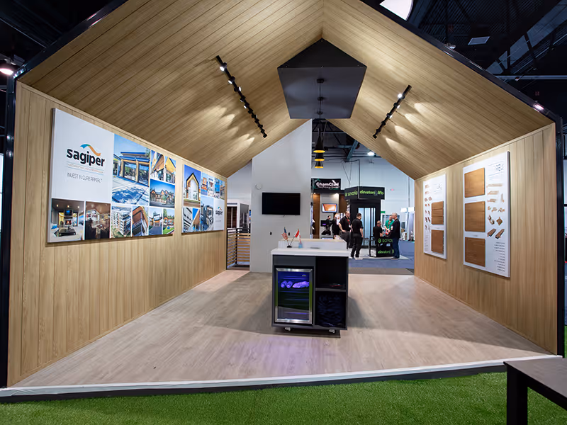 covered open-ended island trade show booth structure with an island counter