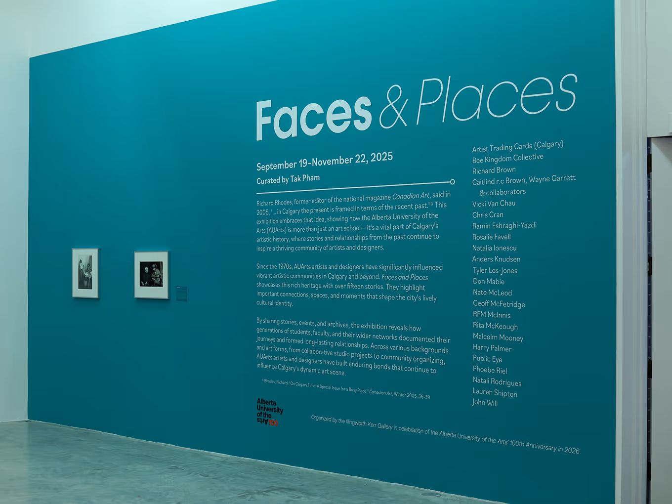 blue wall with "faces and places" and subsequent text describing an art exhibition