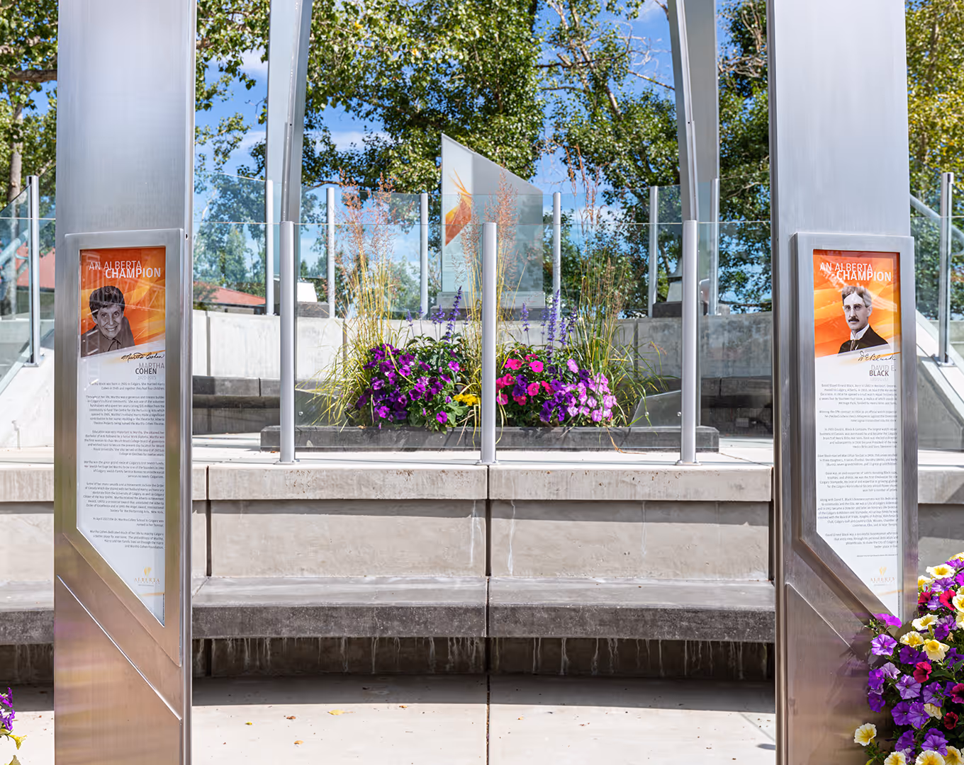 custom pillar monuments with custom graphics recognizing award-winning albertans