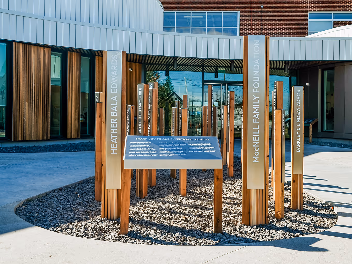 multi-height pillar donor recognition monument outside the calgary humane society