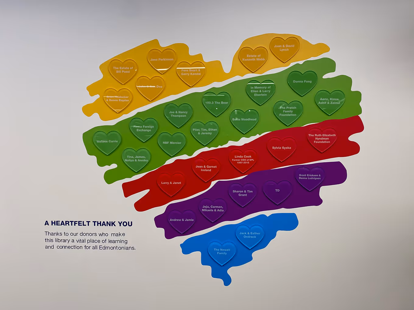 heat-shaped donor recognition wall display in the shape of a multi-colour heart